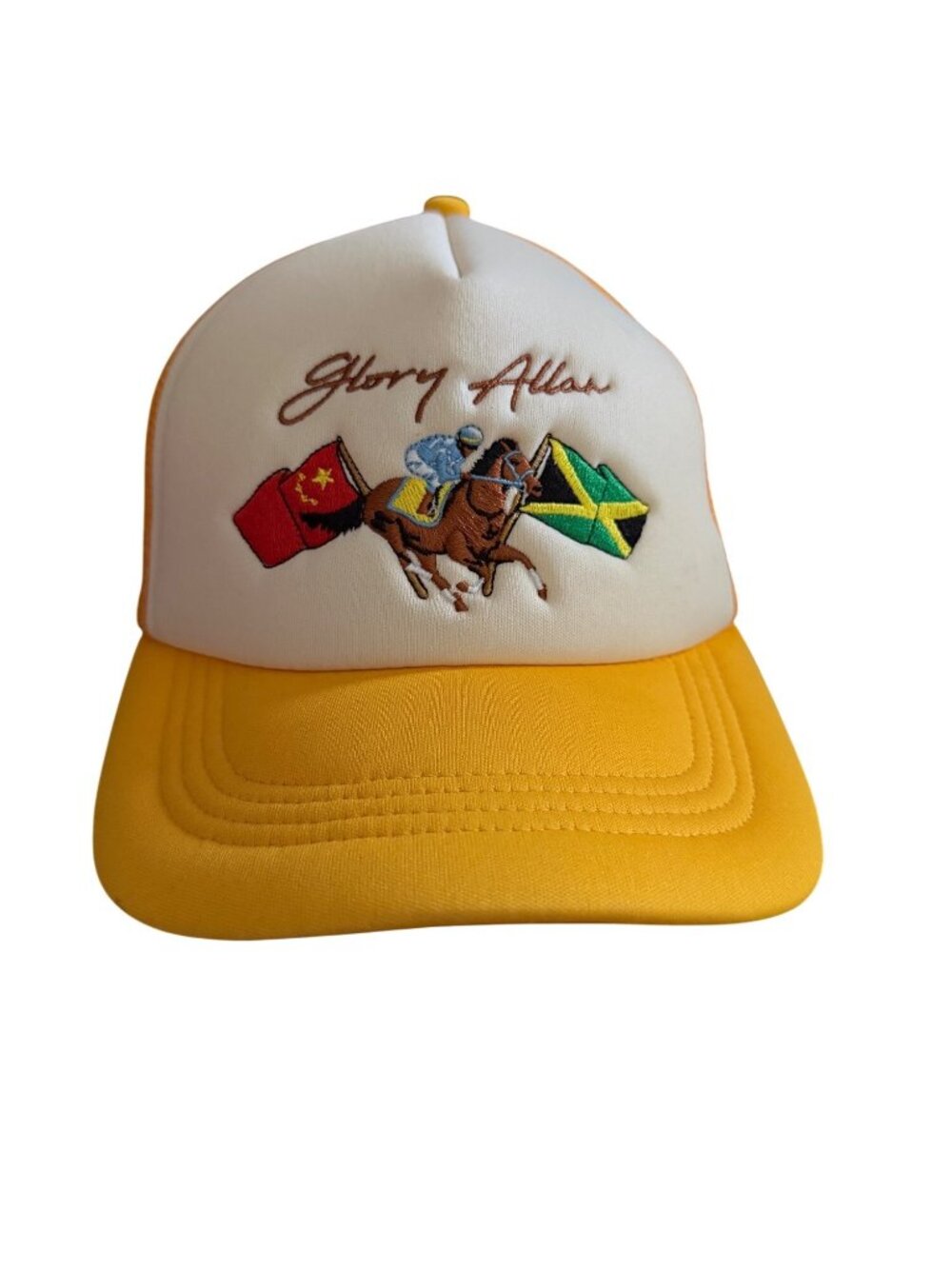 Glory Allan Horse Racing Embroidered Mesh Back Trucker Hat Yellow & White Adjust